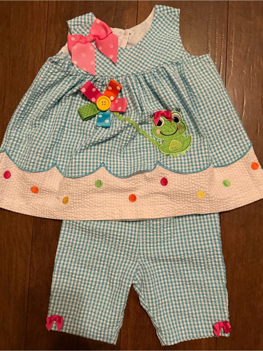 Baby Boutique Aqua Gingham Frog Appliqué Tunic & Capri Set with Pink Accents